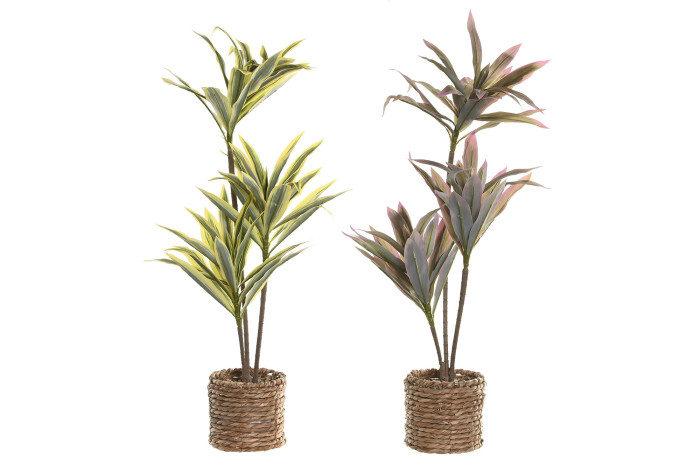 Duas plantas artificiais em cachepots de palha, com folhas verdes e roxas