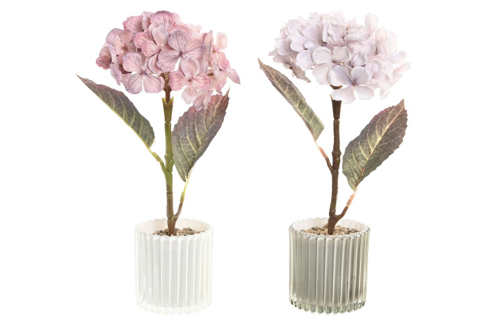 Duas plantas artificiais em vasos de vidro com flores rosa claro e branco