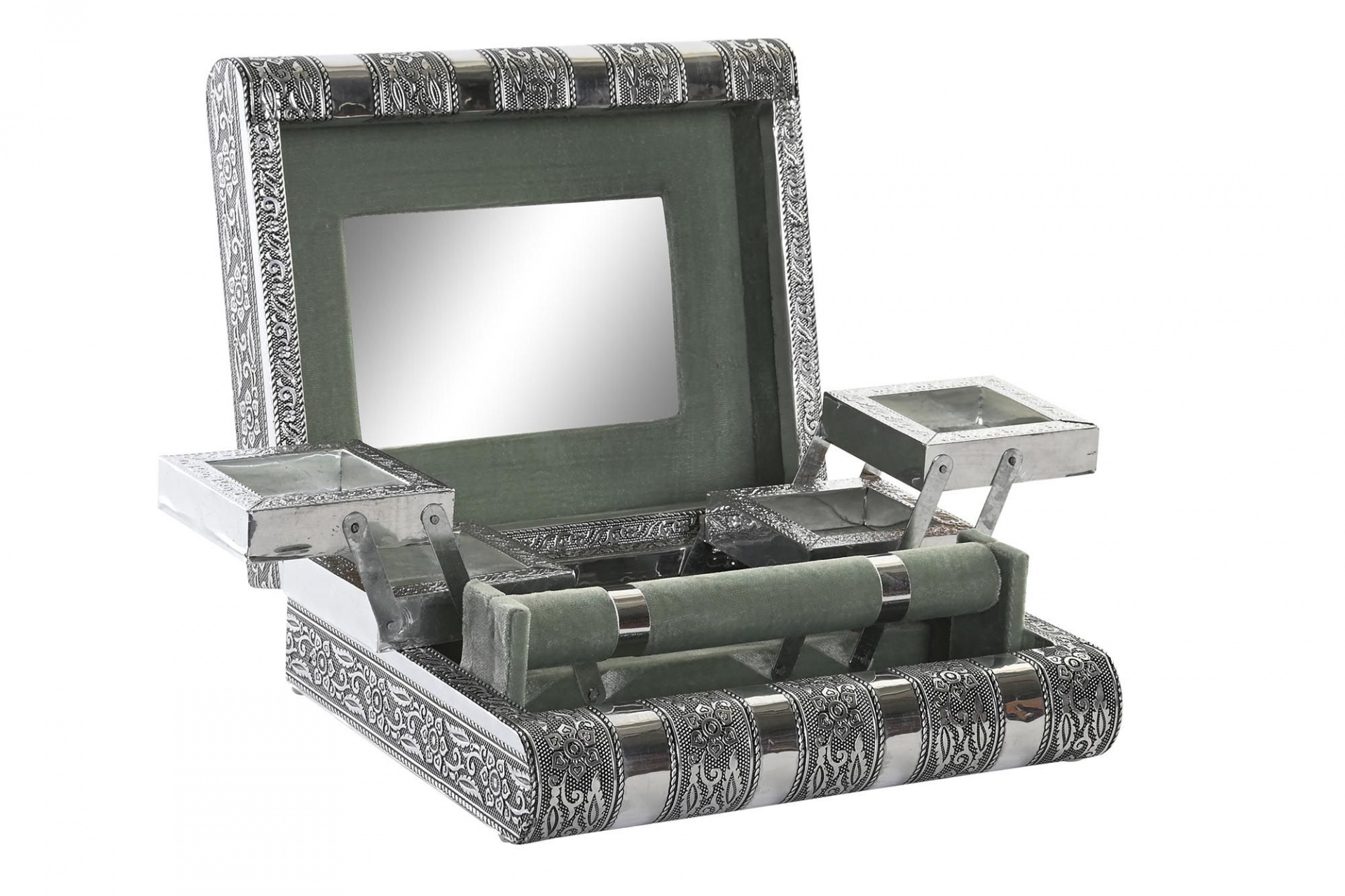 Estojo de maquilhagem metálico com espelho e compartimentos pequenos