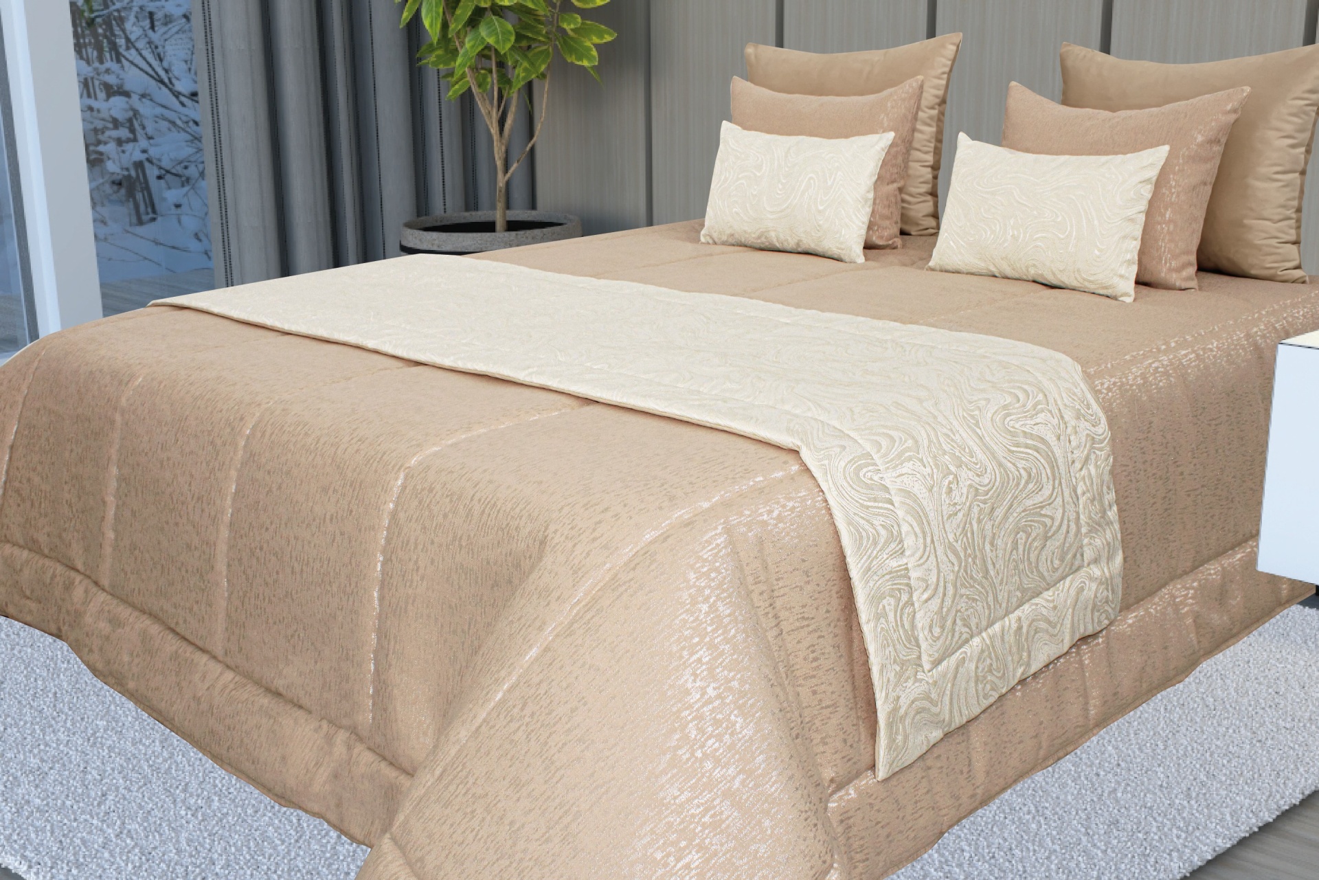 Colcha bege com detalhe acetinado e almofadas sobre cama em quarto moderno