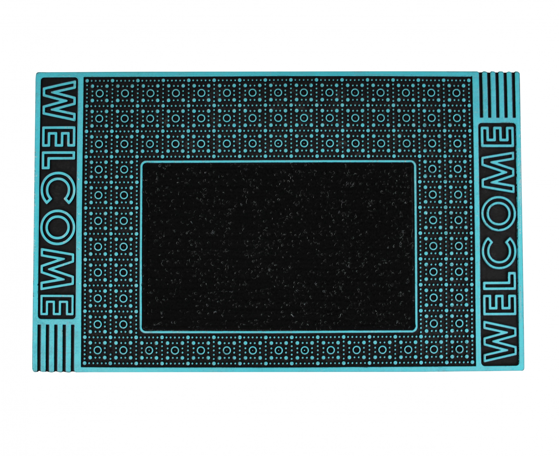 Tapete de porta preto e azul com a palavra WELCOME