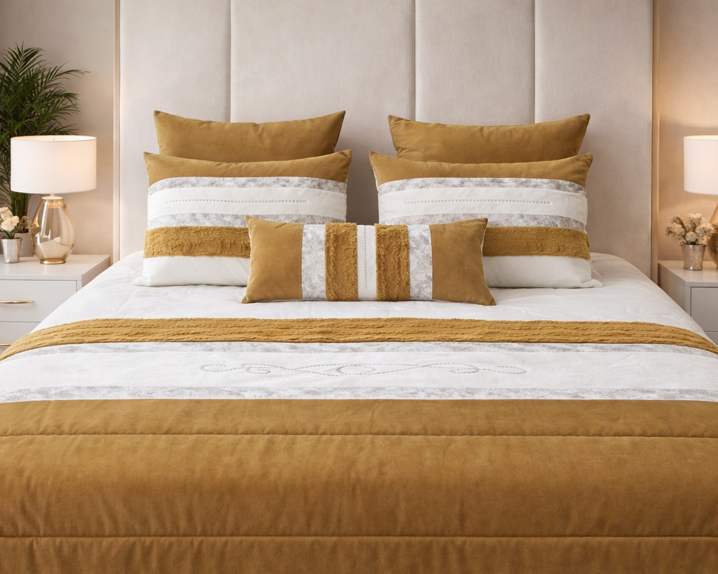 Conjunto de cama com almofadas e edredão em branco, castanho mostarda e cinzento