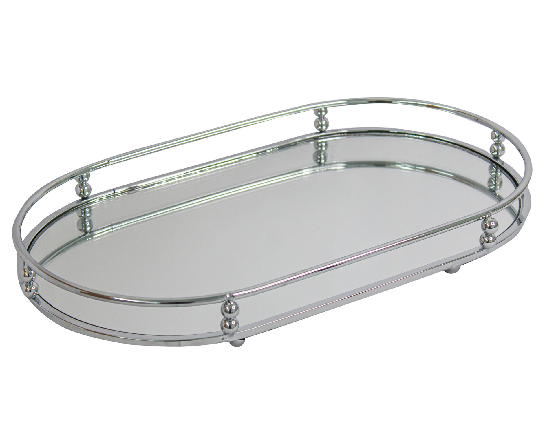 Bandeja oval com base espelhada e estrutura metálica prateada