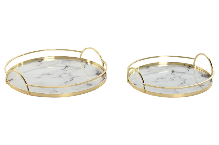 Conjunto de duas bandejas redondas douradas com base de mármore branco e cinza