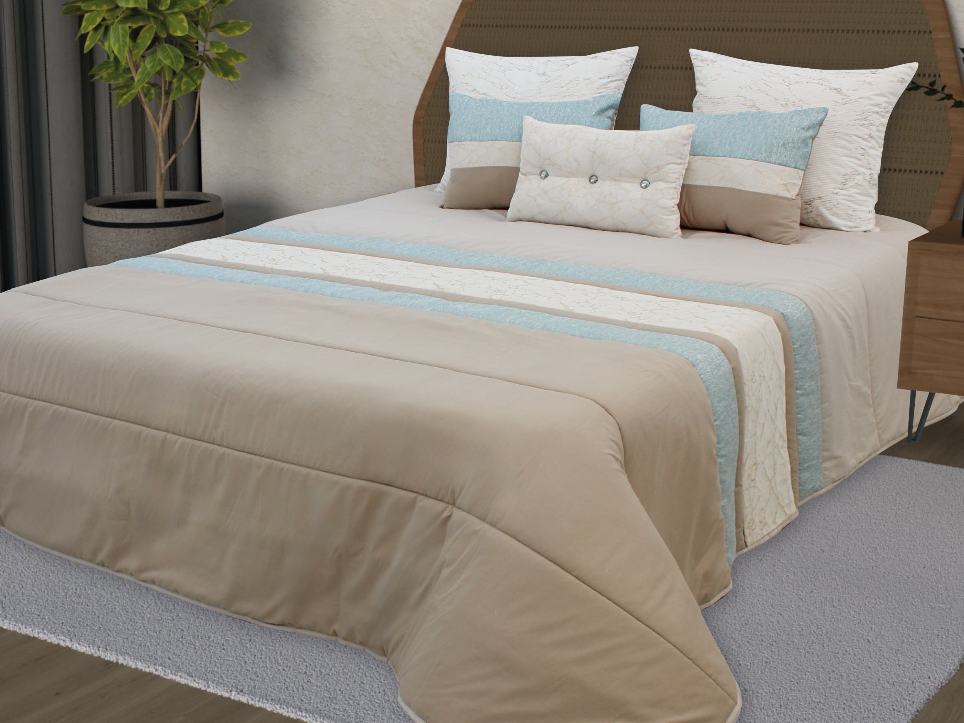 Cama arrumada com colcha bege e almofadas em azul claro, bege e branco