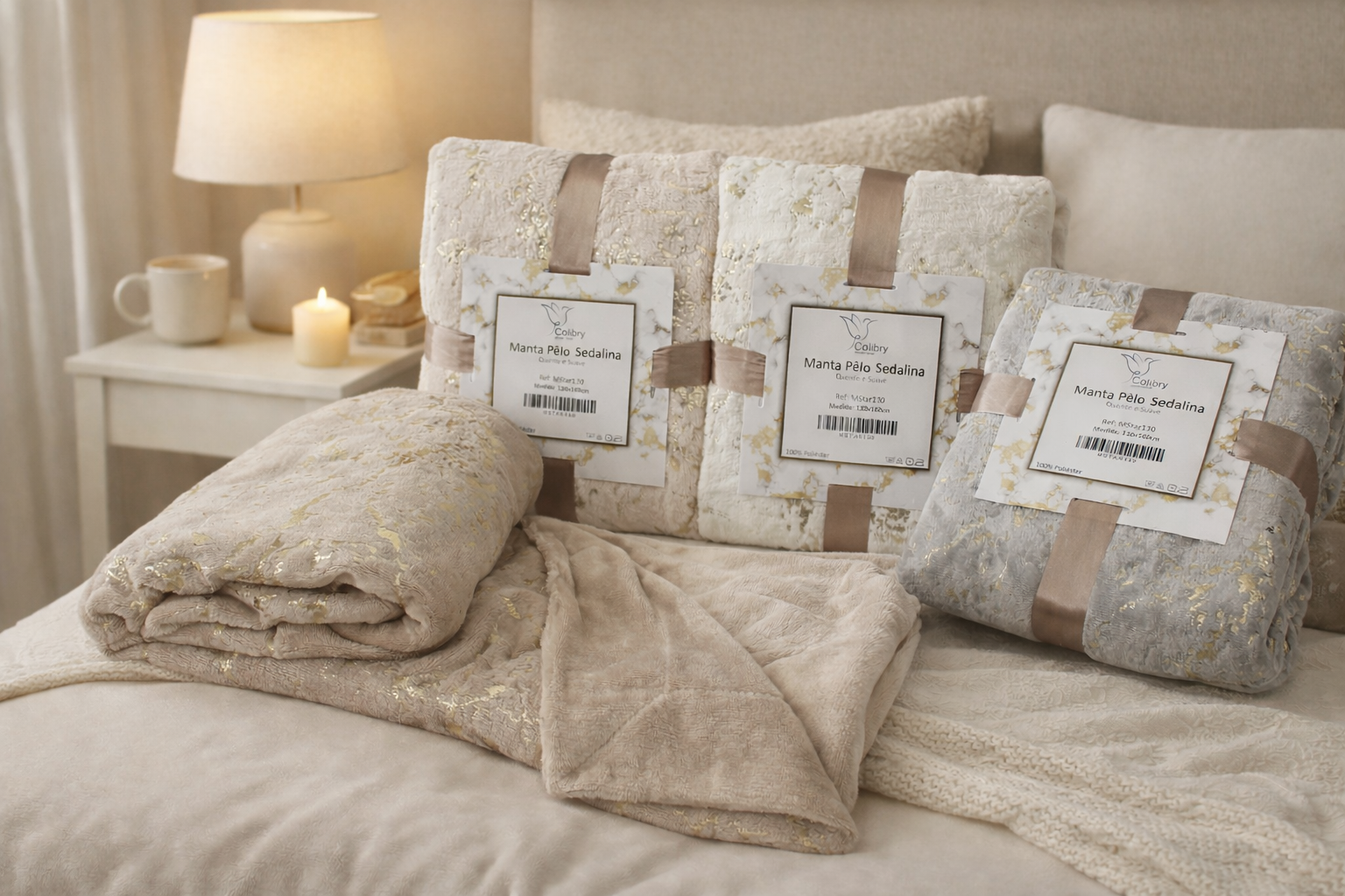 Mantas Pelo Sedalina bege e cinza com padrão dourado, etiquetadas, sobre cama acolhedora num quarto iluminado com lâmpada e vela