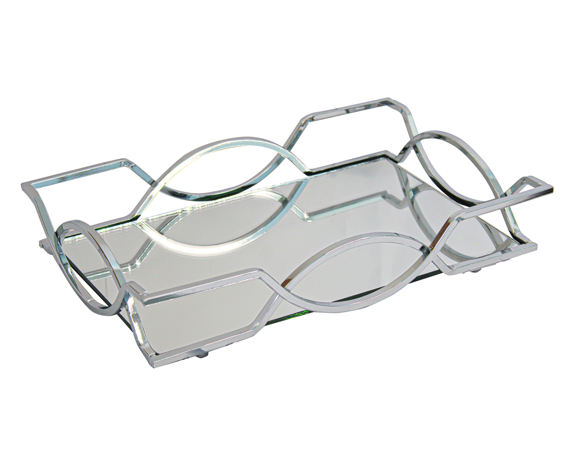 Bandeja metálica prateada com base espelhada e motivos geométricos