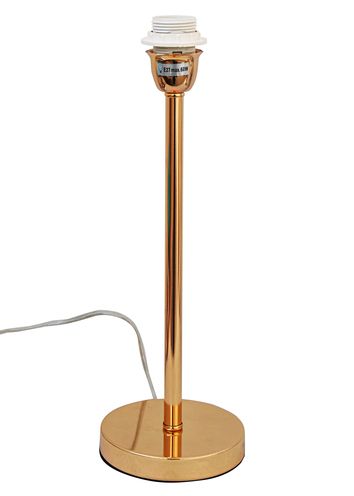 Abajur dourado com base e haste em metal, suporte branco e cabo elétrico.