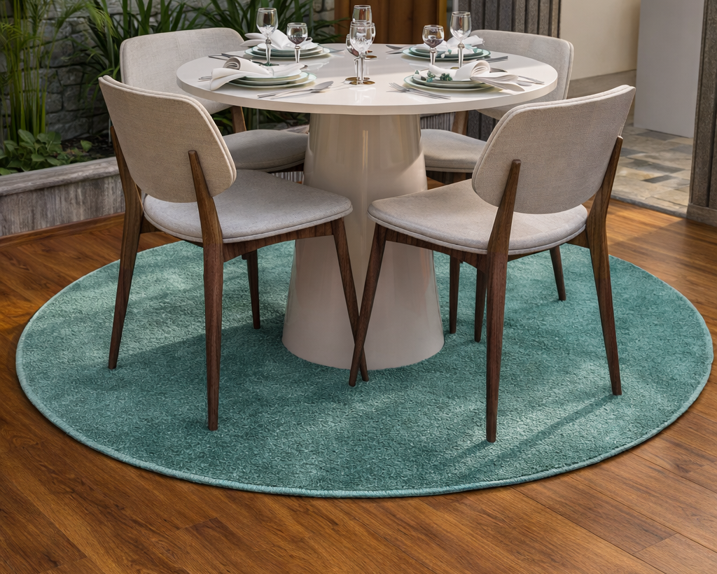 Mesa de jantar redonda branca com quatro cadeiras e um tapete verde claro num ambiente interior.