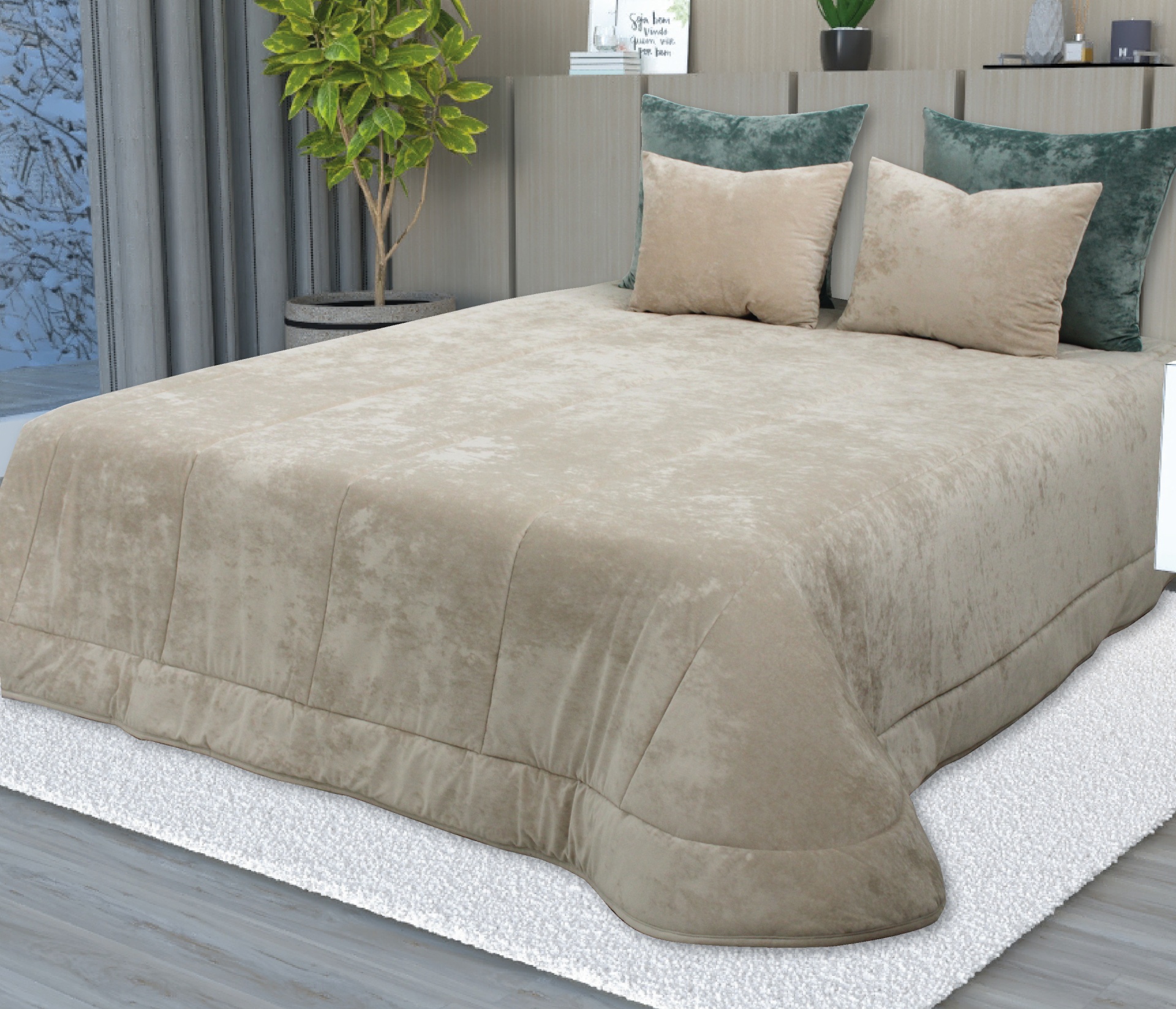 Cobertor de cama bege com almofadas bege e verde escuro em quarto moderno