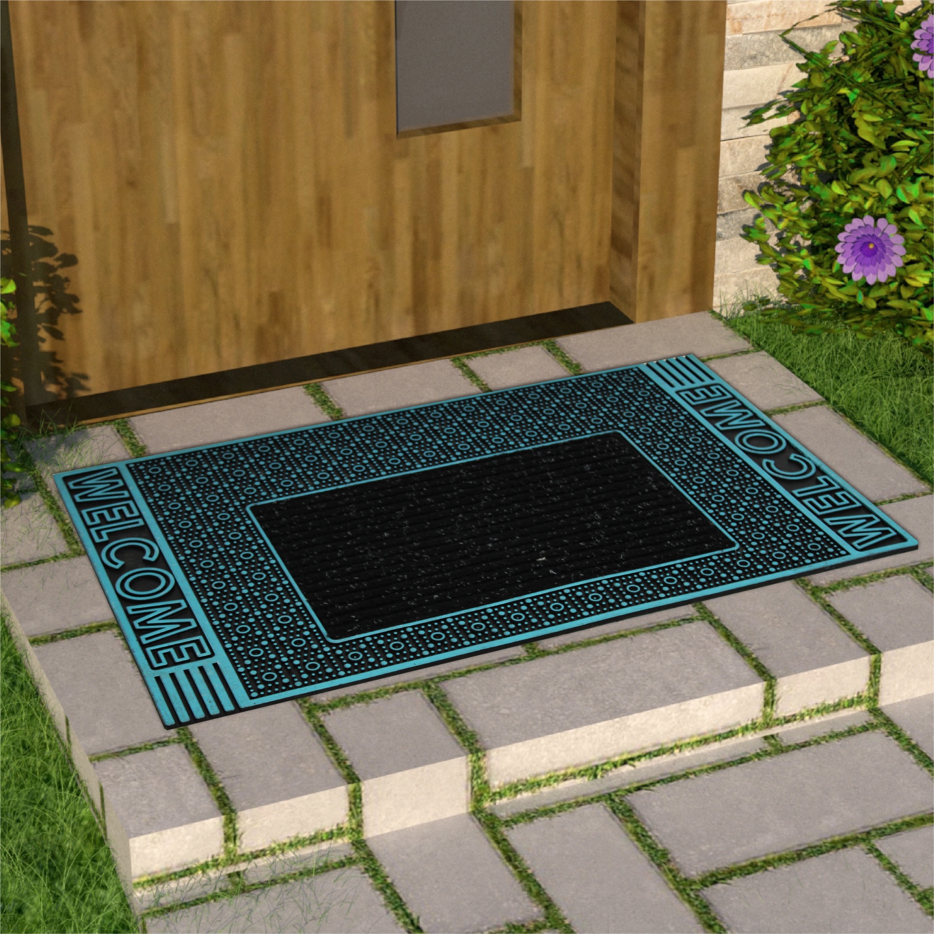 Tapete de porta preto e azul com a palavra WELCOME numa entrada exterior com lajes e plantas