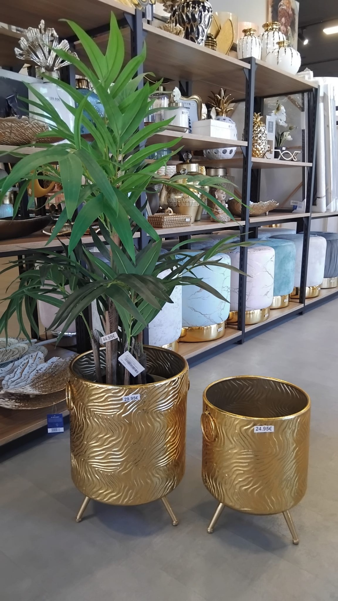Vasos dourados texturizados com plantas e etiquetas de preço numa loja de decoração