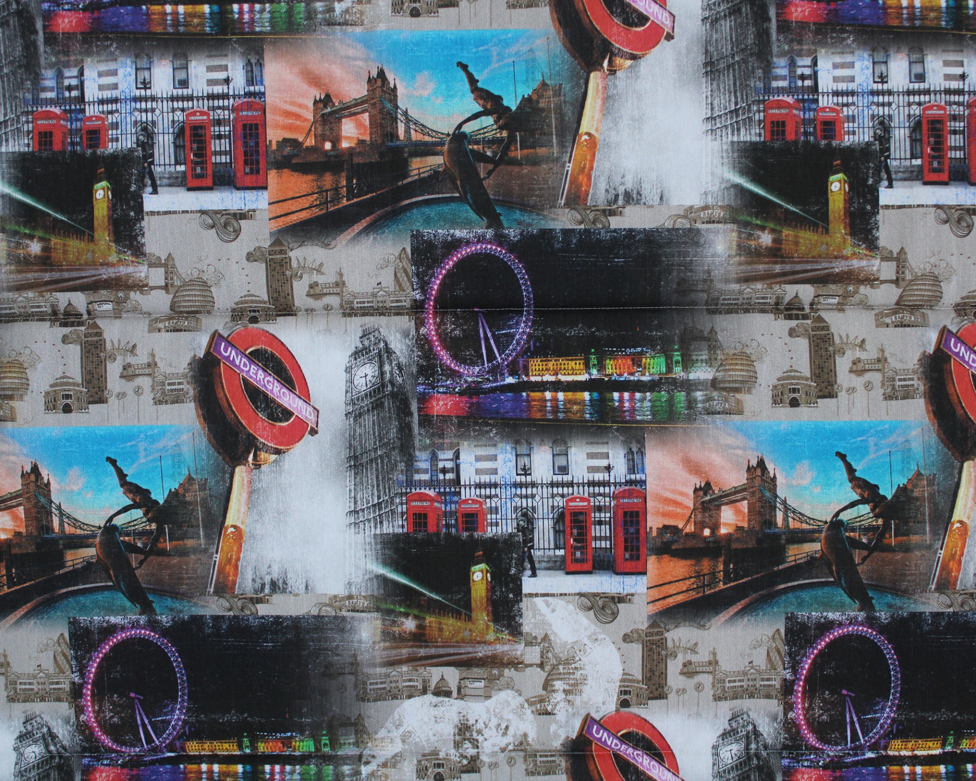 tecido estampado com imagens de Londres como cabines telefónicas vermelhas e London Eye