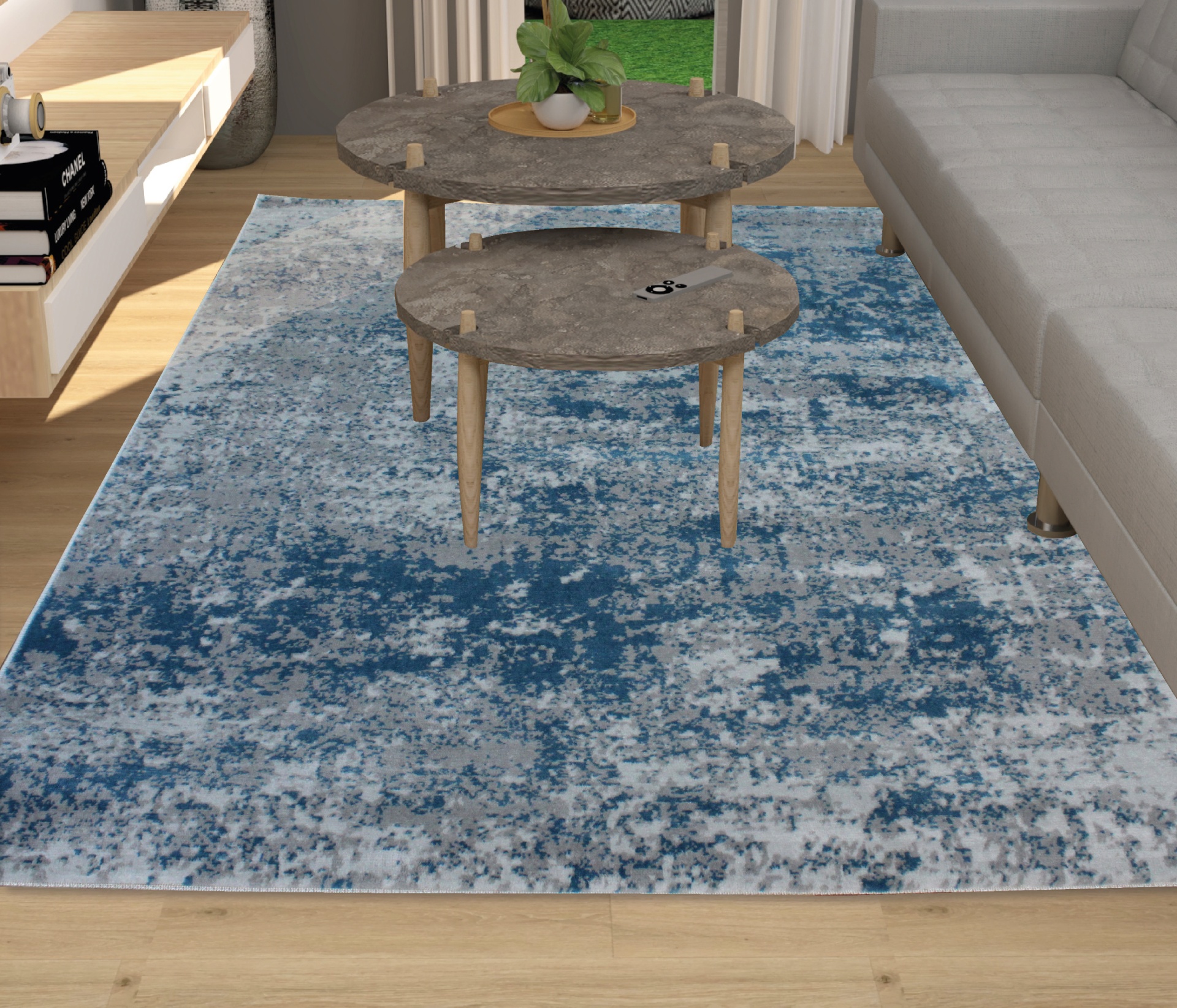 Tapete azul e cinza com padrão abstrato em sala com mesas de centro e sofá.