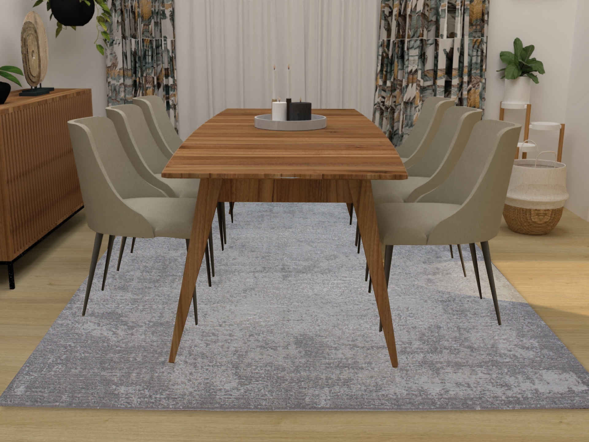 Conjunto de sala de jantar com mesa de madeira e cadeiras estofadas bege