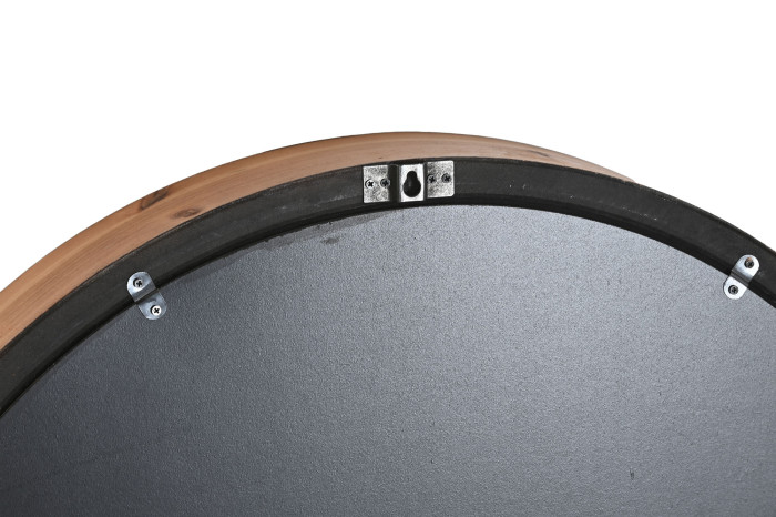 Parte traseira de espelho redondo com moldura em madeira e suporte para pendurar