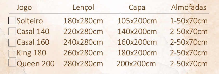 Tabela de tamanhos para jogo de cama com medidas em centímetros para lençol, capa e almofadas