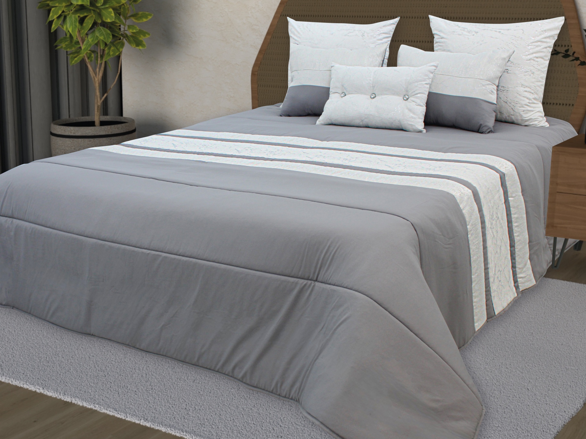 Cama de casal com colcha cinza e almofadas brancas e cinza, tapete cinza e planta em vaso