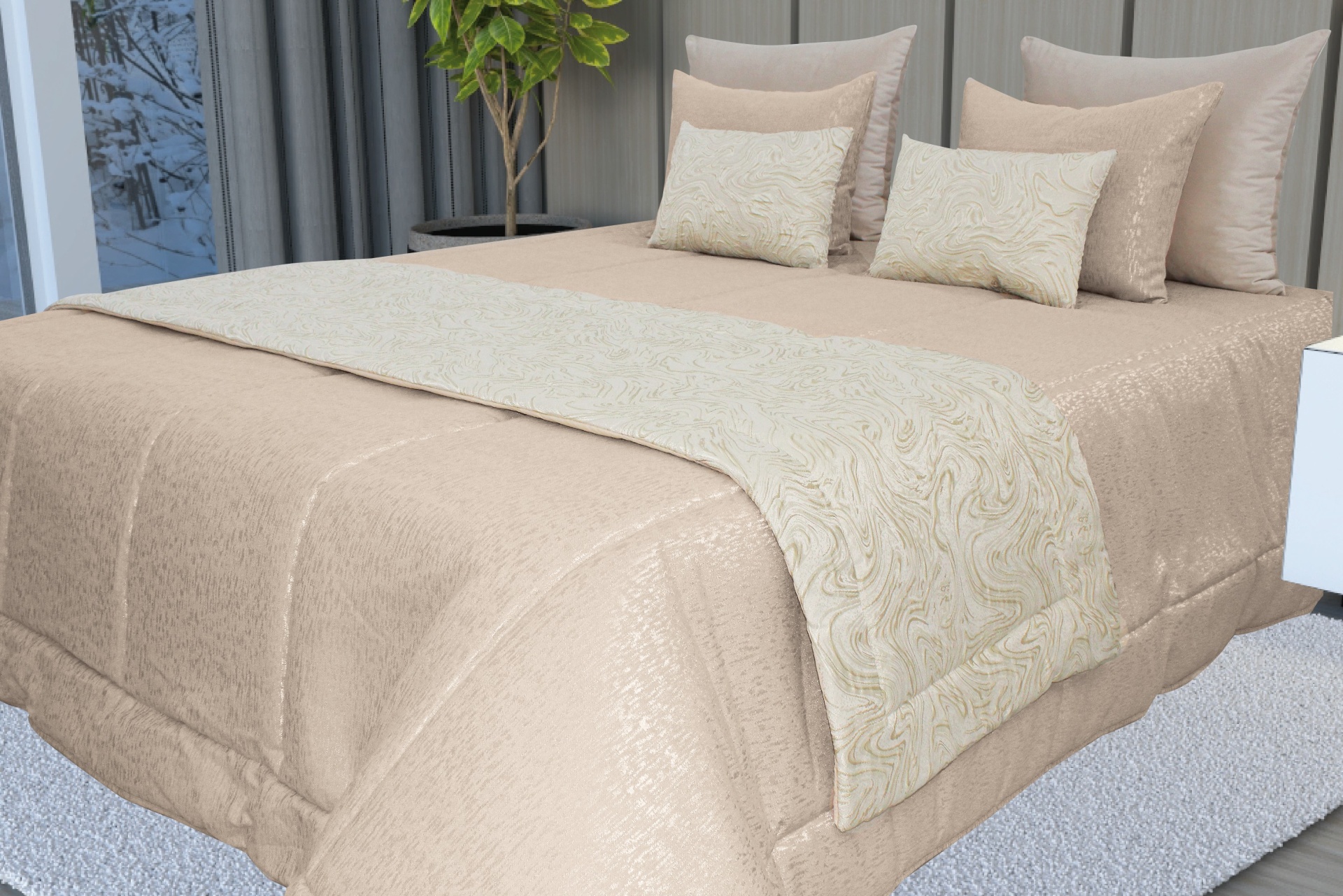 Conjunto de cama bege com cobre-leito decorativo creme e almofadas em quarto moderno.