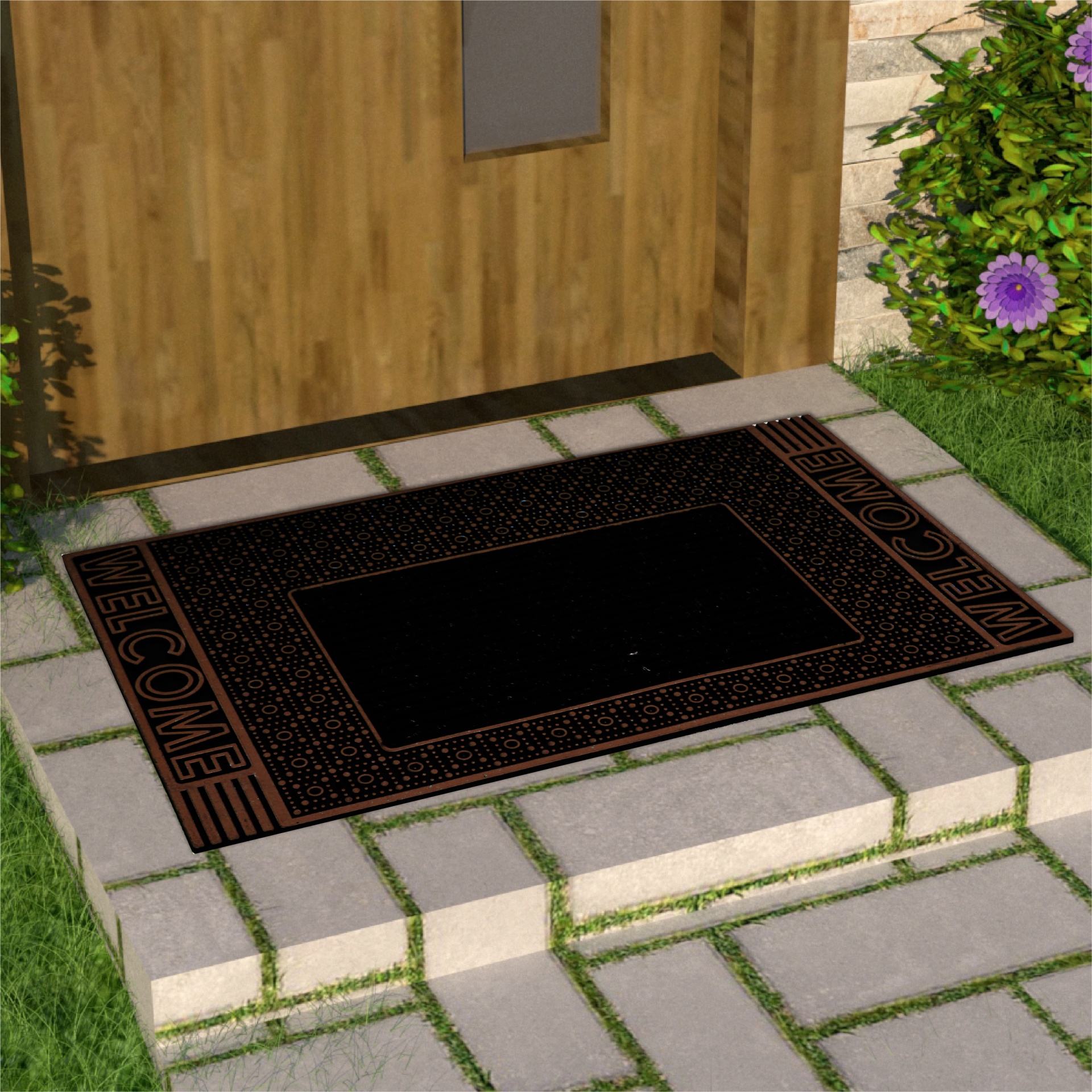 Tapete de entrada preto com palavra WELCOME em chão de pedra e gramado