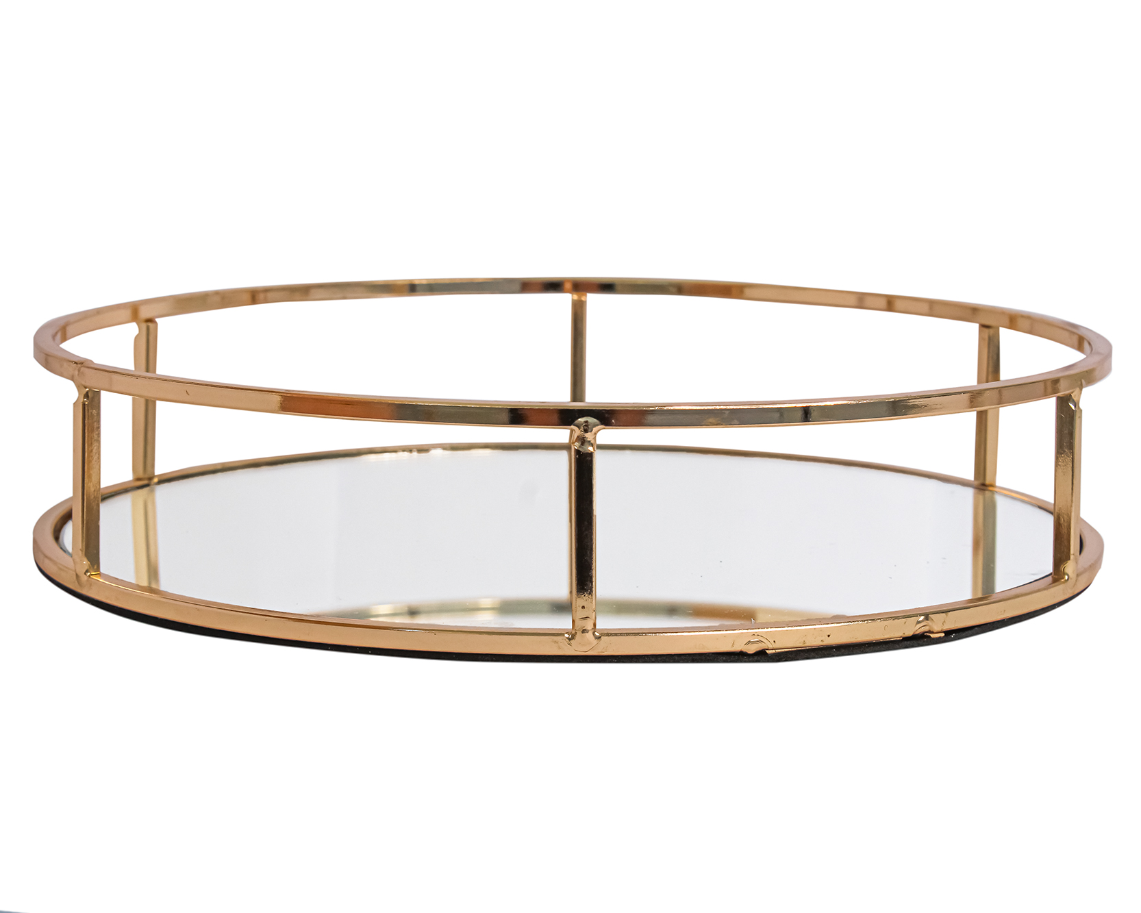Bandeja redonda dourada com base espelhada
