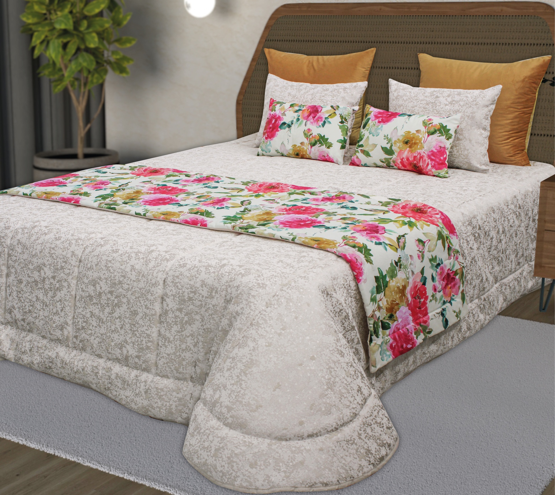 Cama com roupa de cama bege e almofadas florais