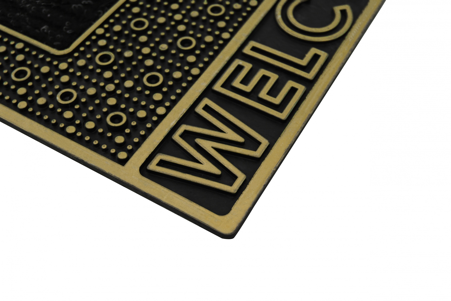 Tapete de entrada preto com texto 'WELCOME' em dourado