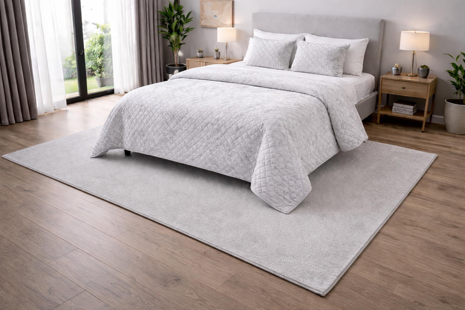 Quarto com cama cinza e roupa de cama acolchoada cinza com padrão quadrado