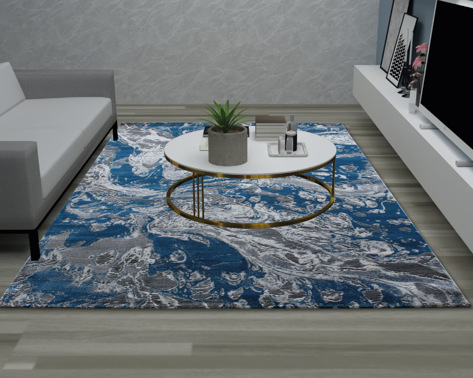 Tapete decorativo azul e cinzento com mesa redonda, sofá cinzento e estante branca