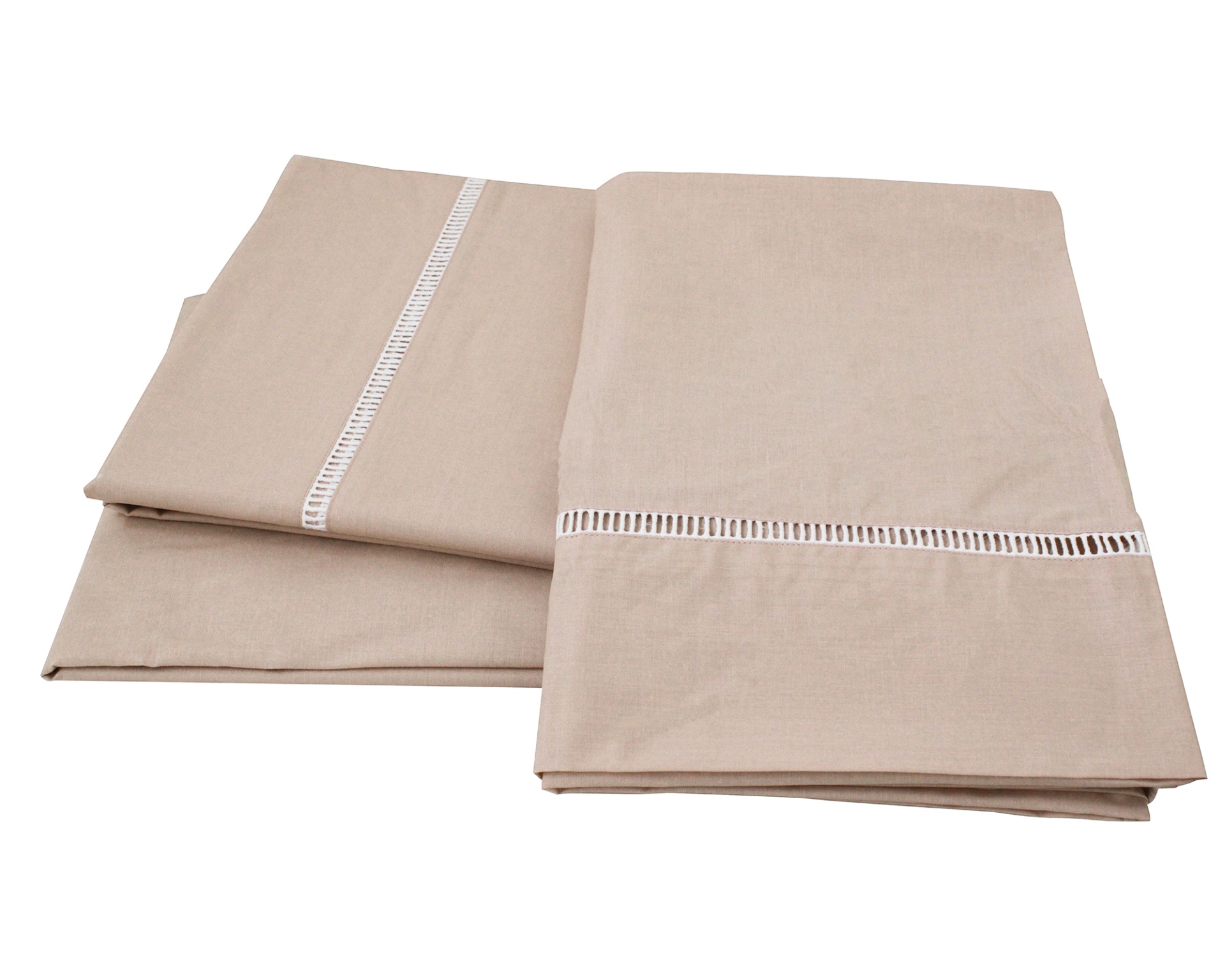 Conjunto de lençóis bege com bordado branco