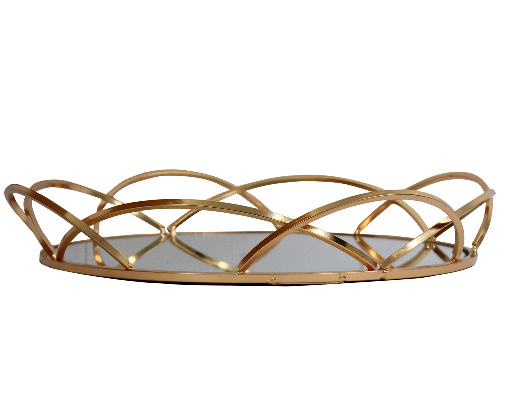 Tabuleiro decorativo redondo dourado com base espelhada