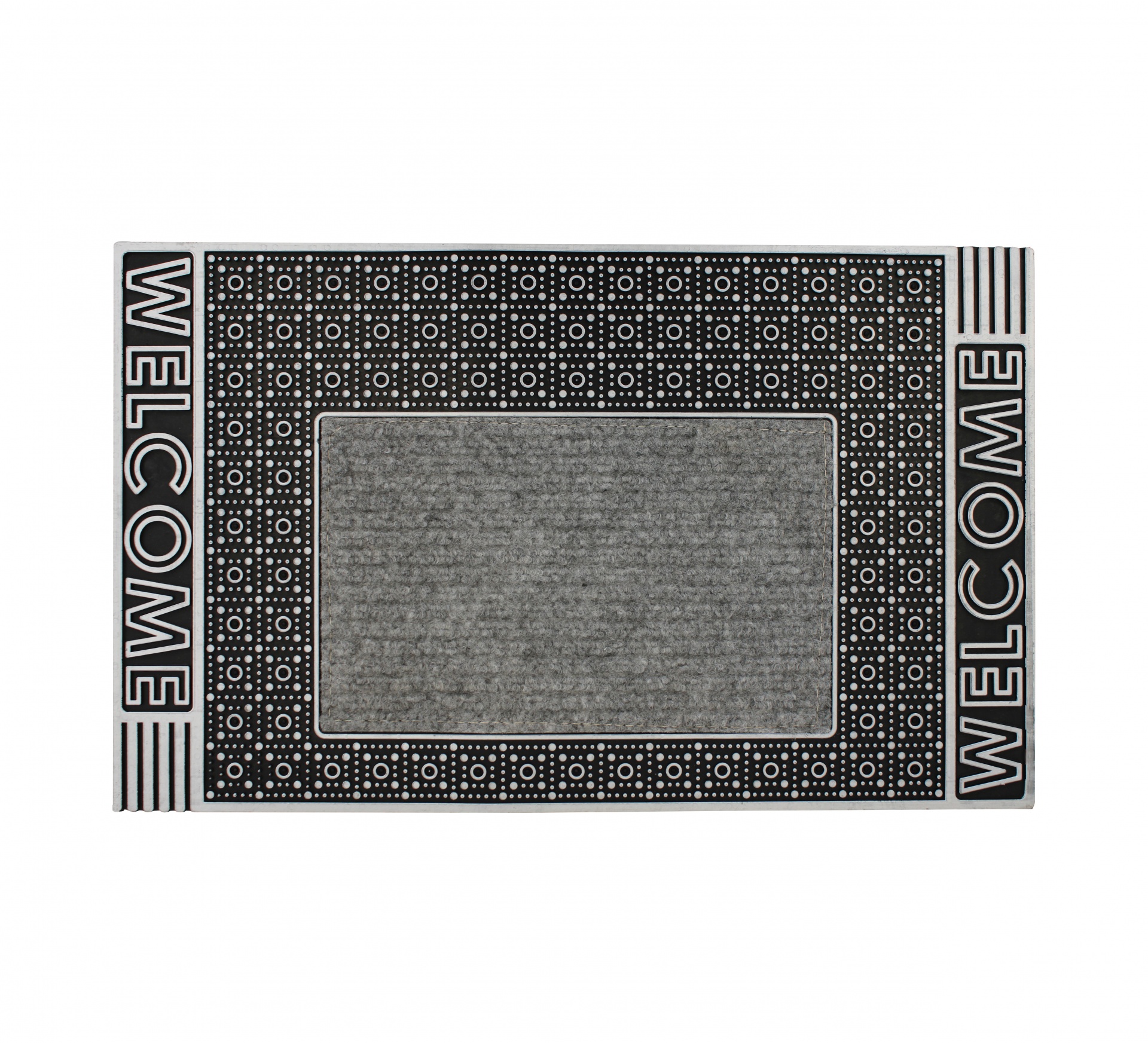Tapete retangular cinza com borda preta e padrão geométrico branco, com a palavra WELCOME nas bordas