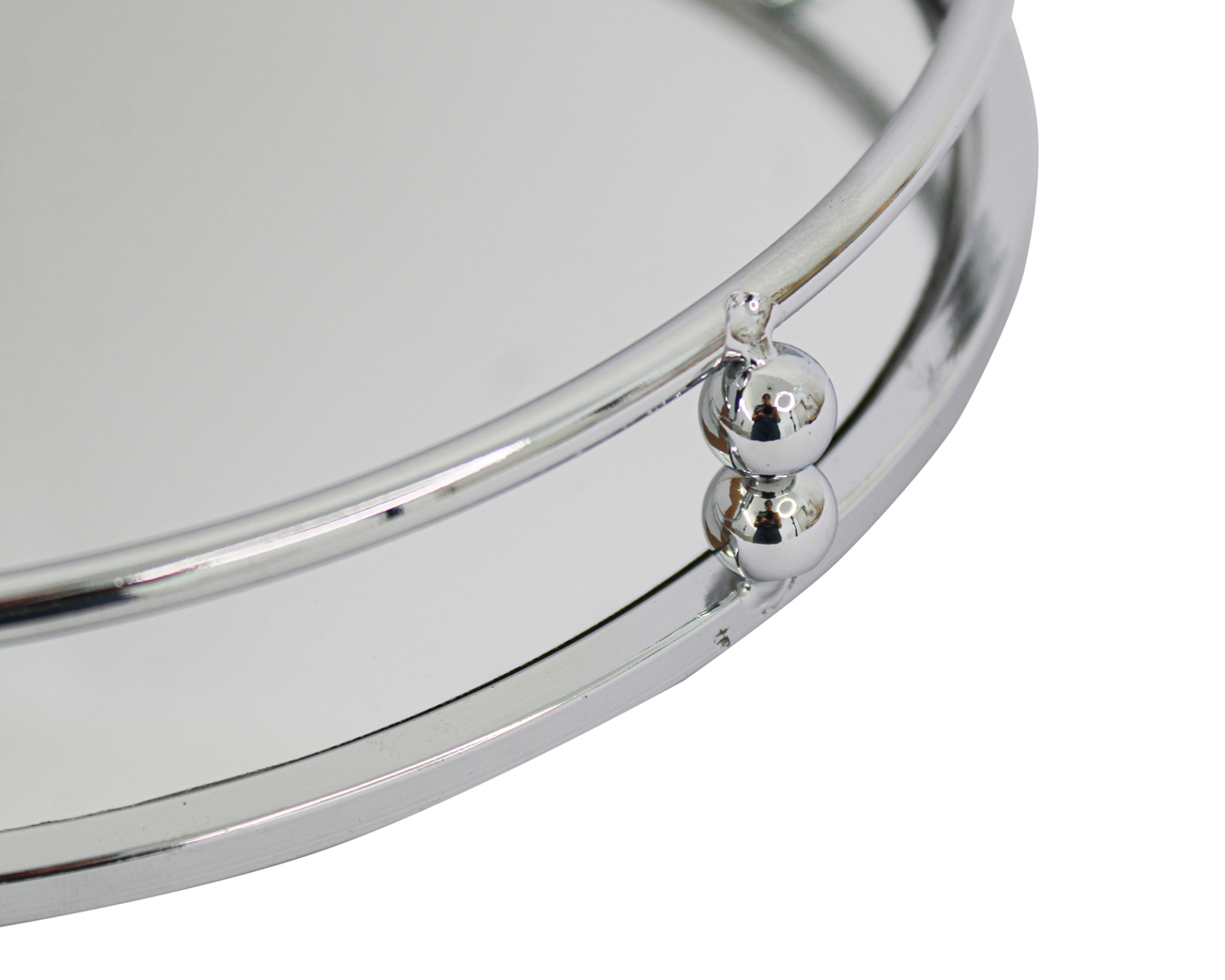 Tabuleiro redondo com moldura metálica cromada e fundo espelhado