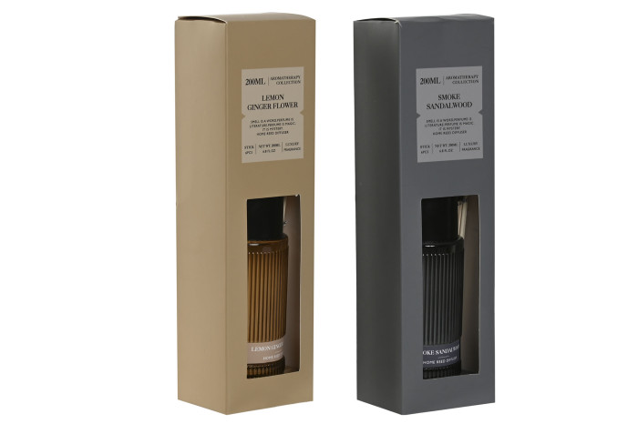 Duas embalagens retangulares contendo frascos com líquidos coloridos e rótulos. 