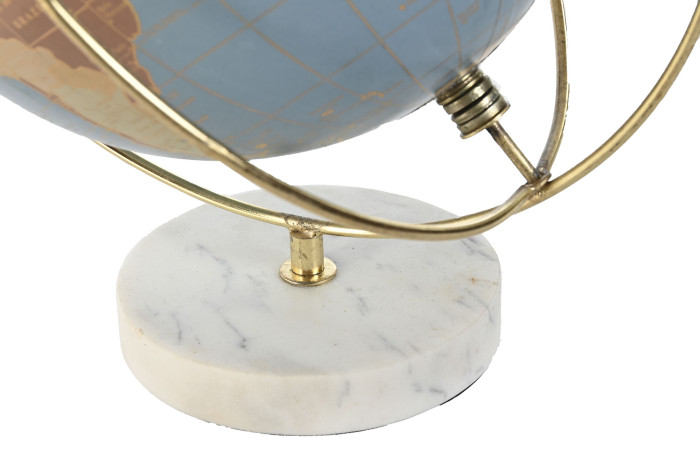 Base redonda de mármore branco com veios cinzentos e estrutura metálica dourada a sustentar um globo azul