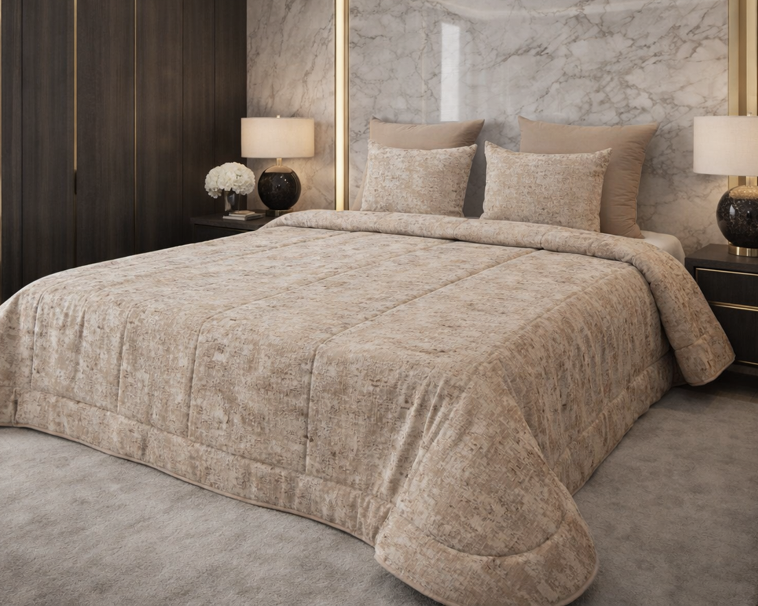 Cama com edredão e almofadas beges texturizadas, mesas de cabeceira com candeeiros, parede de mármore e tapete bege.