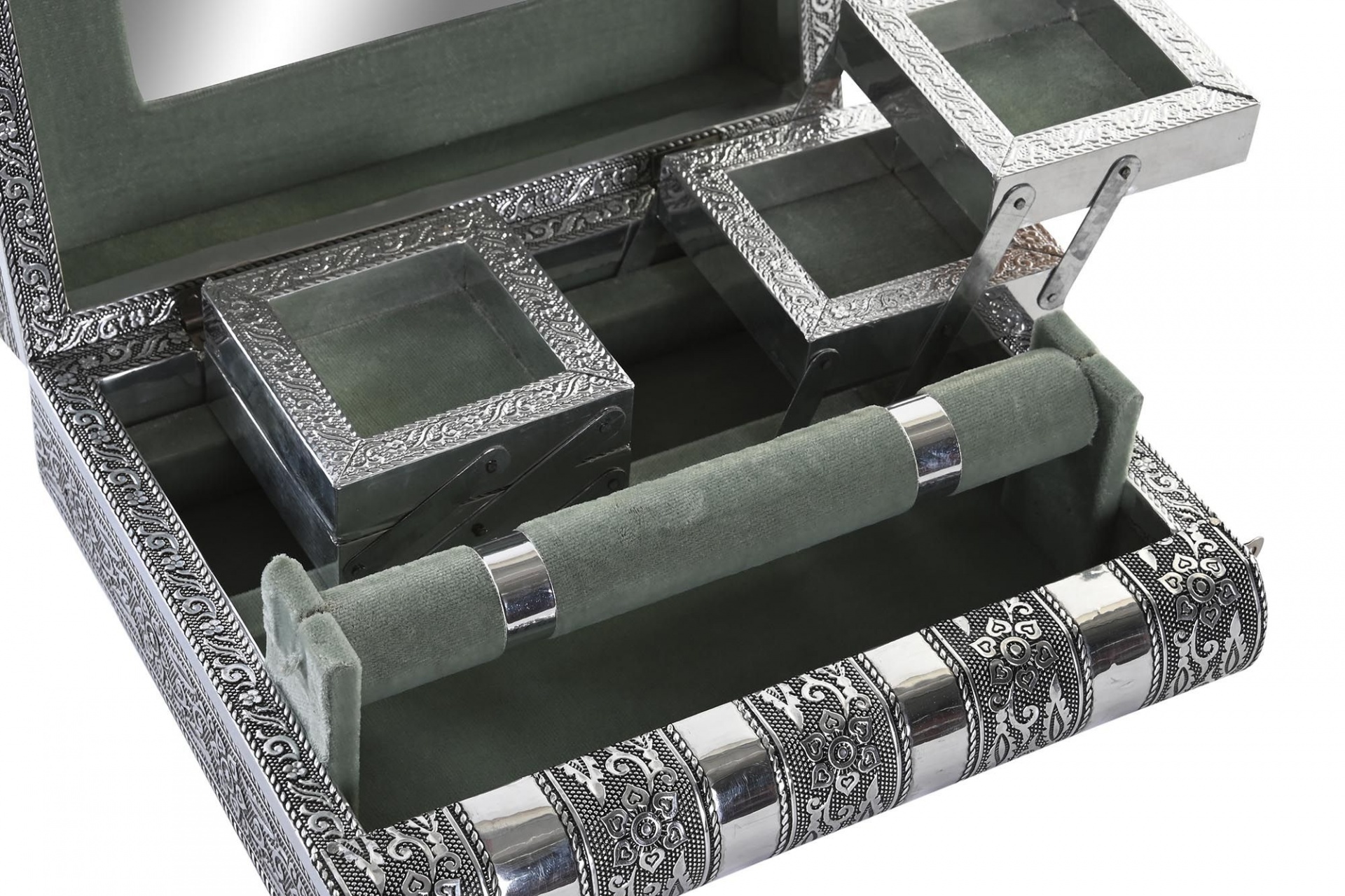 Estojo de joalharia prateado com interior verde e várias divisórias
