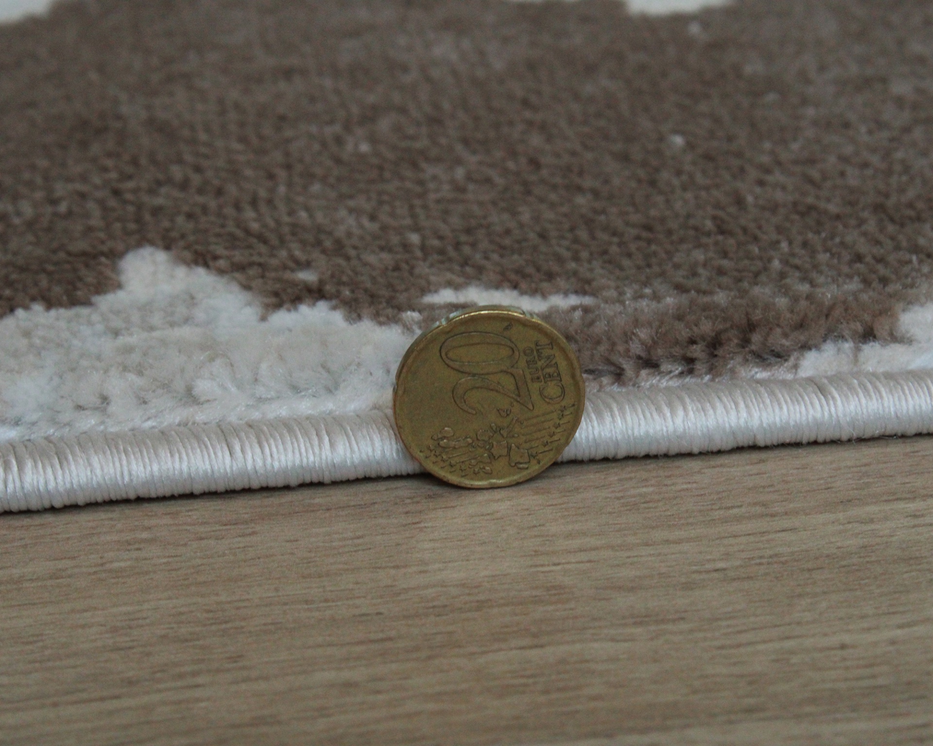 Moeda de 20 cêntimos junto a tapete castanho bege branco sobre chão madeira clara