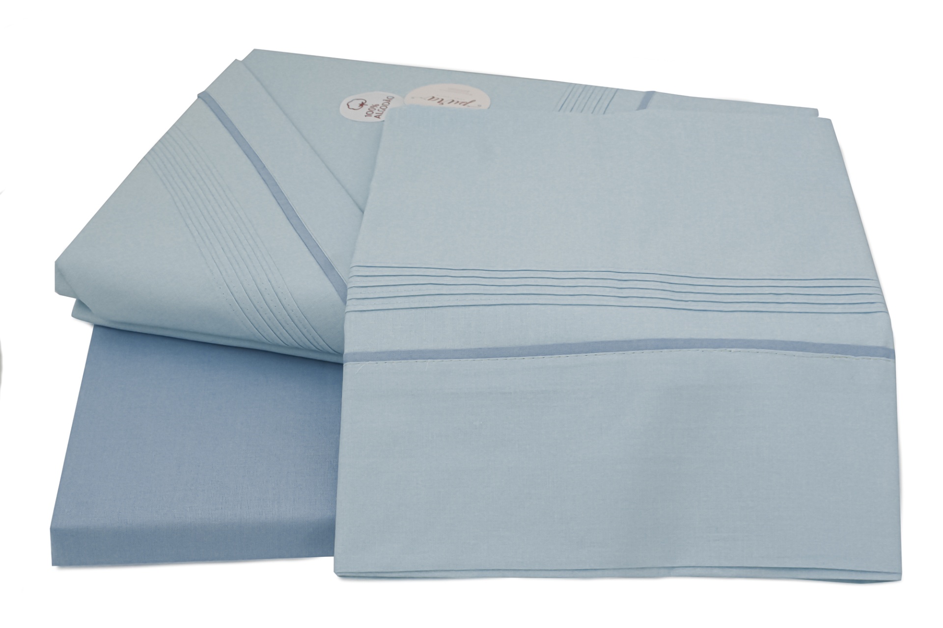 Conjunto de roupa de cama azul com padrões de linhas horizontais