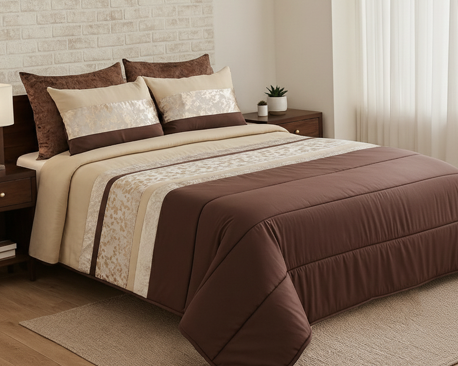 Cama arrumada com edredão castanho e almofadas bege e castanhas num quarto moderno