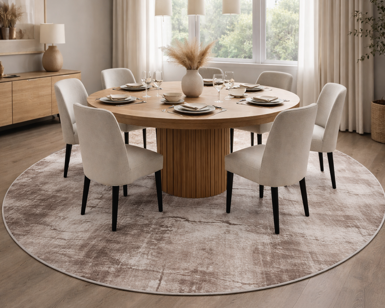 Mesa redonda em madeira clara com seis cadeiras bege estofadas num espaço de jantar iluminado por janela grande