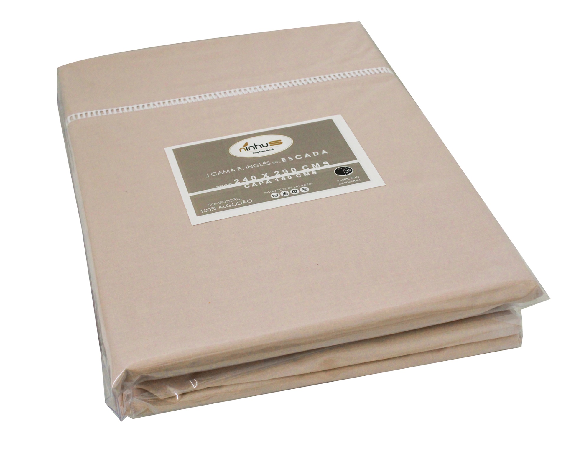 Lençol escada bege claro embalado em plástico com etiqueta de informações