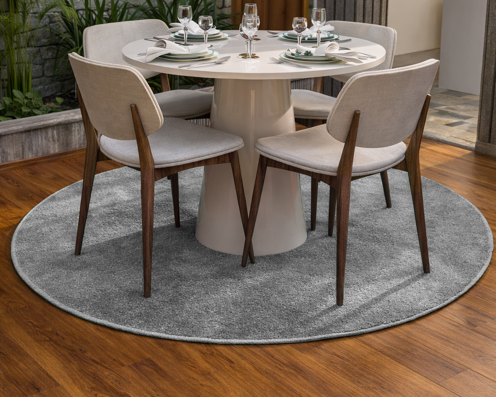 Conjunto de mesa redonda branca com quatro cadeiras cinzentas em madeira, sobre tapete cinzento