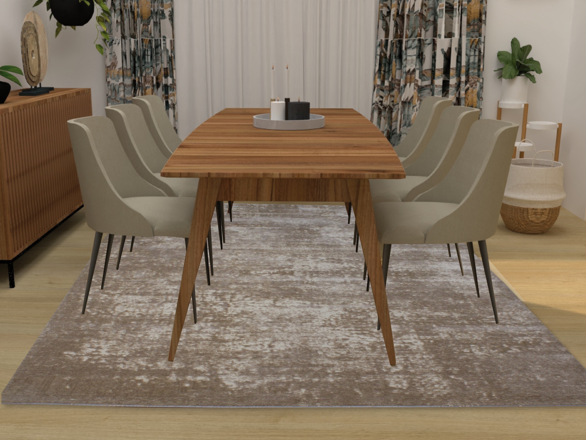 Conjunto de mesa de jantar em madeira clara com seis cadeiras cinza claro sobre tapete bege numa sala decorada