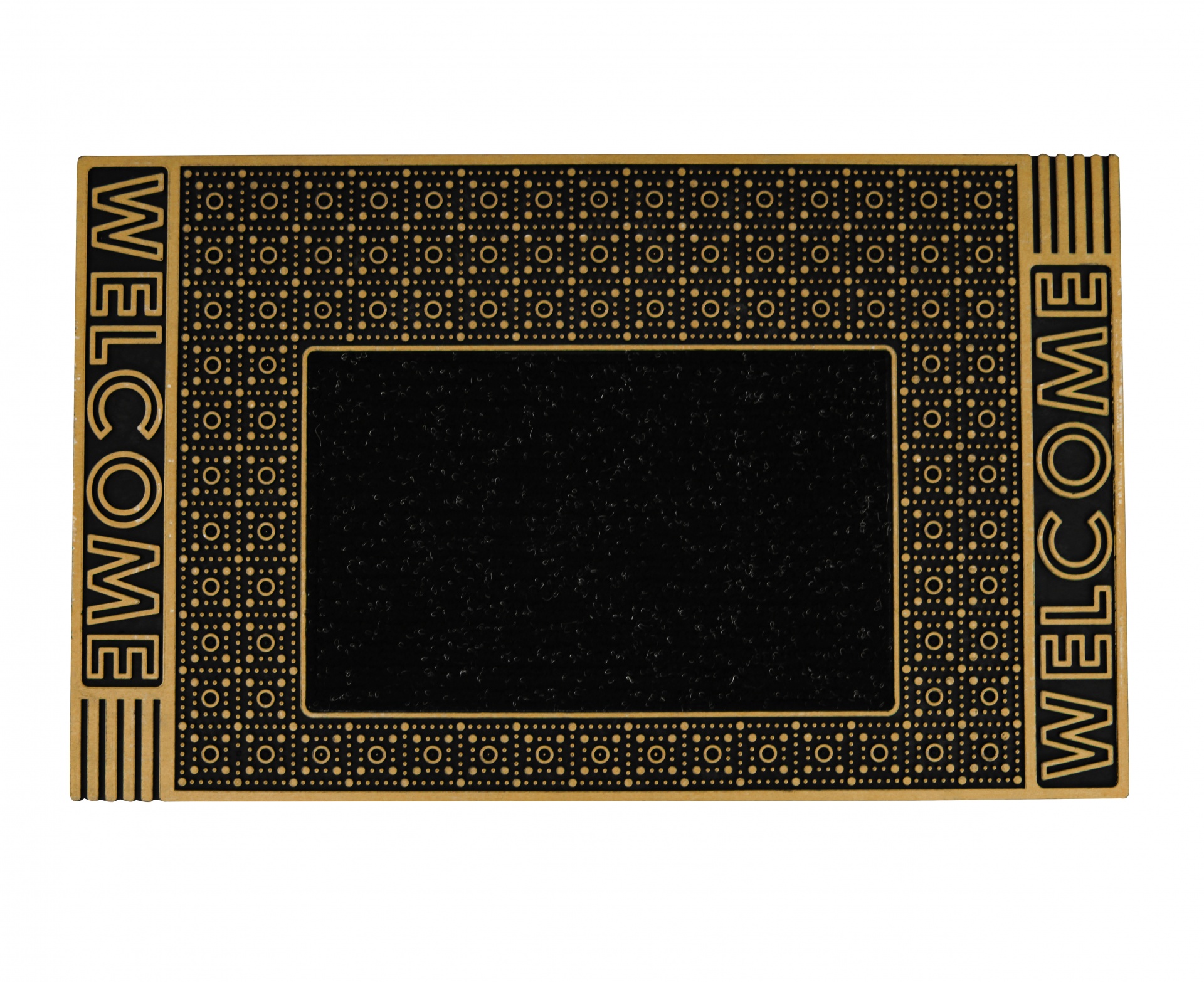 Tapete rectangular preto e bege com padrão geométrico e palavra WELCOME nas bordas