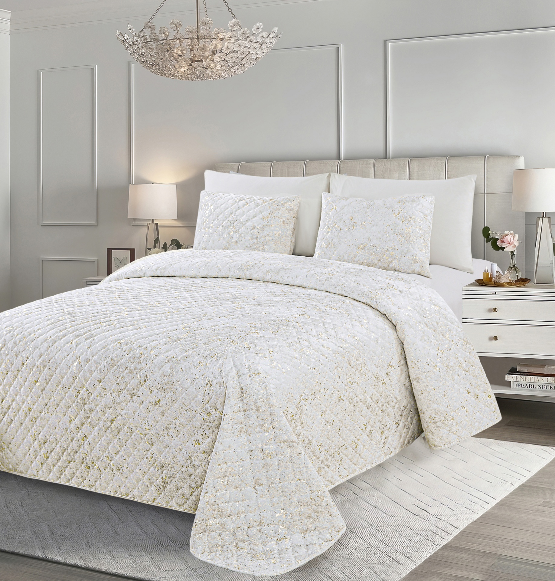 conjunto de cama branco com padrão texturizado em quarto moderno com cabeceira estofada