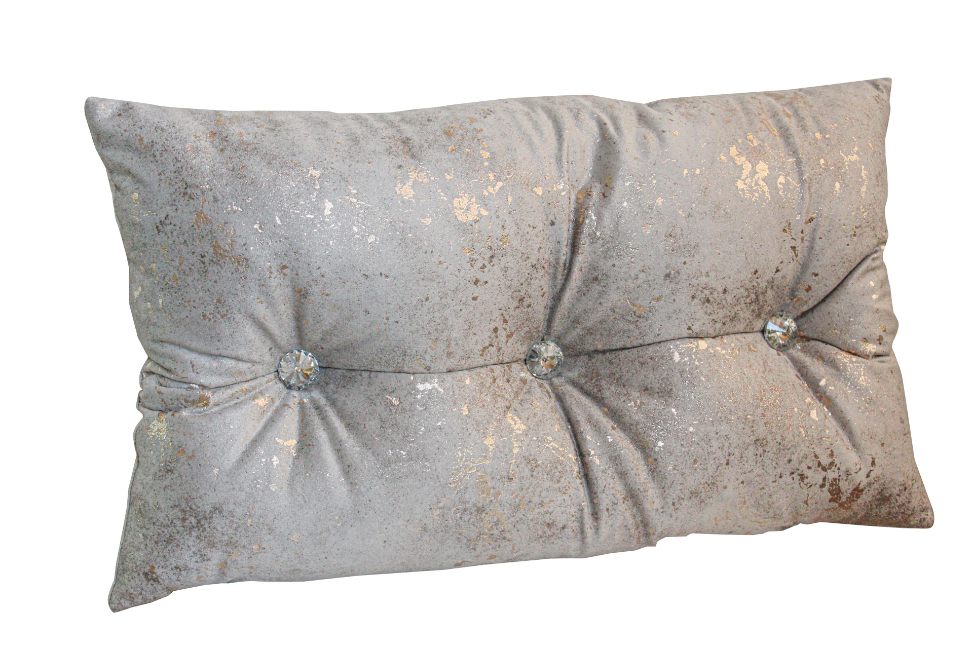 Travesseiro cinza com manchas douradas e botões espelhados