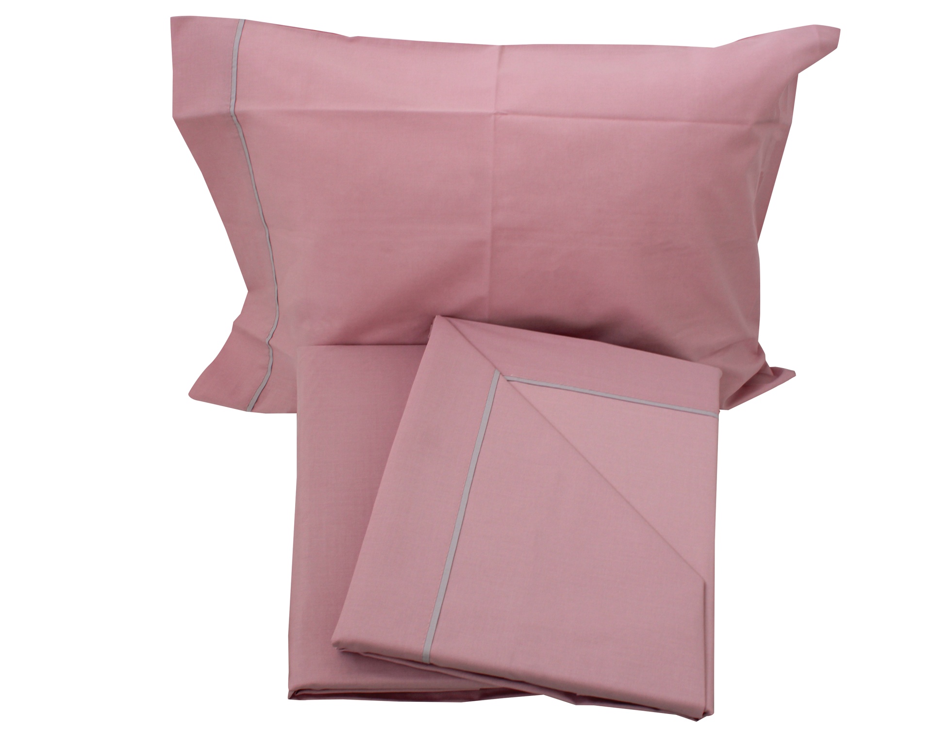 Conjunto de roupa de cama rosa com fronha e lençol em fundo branco