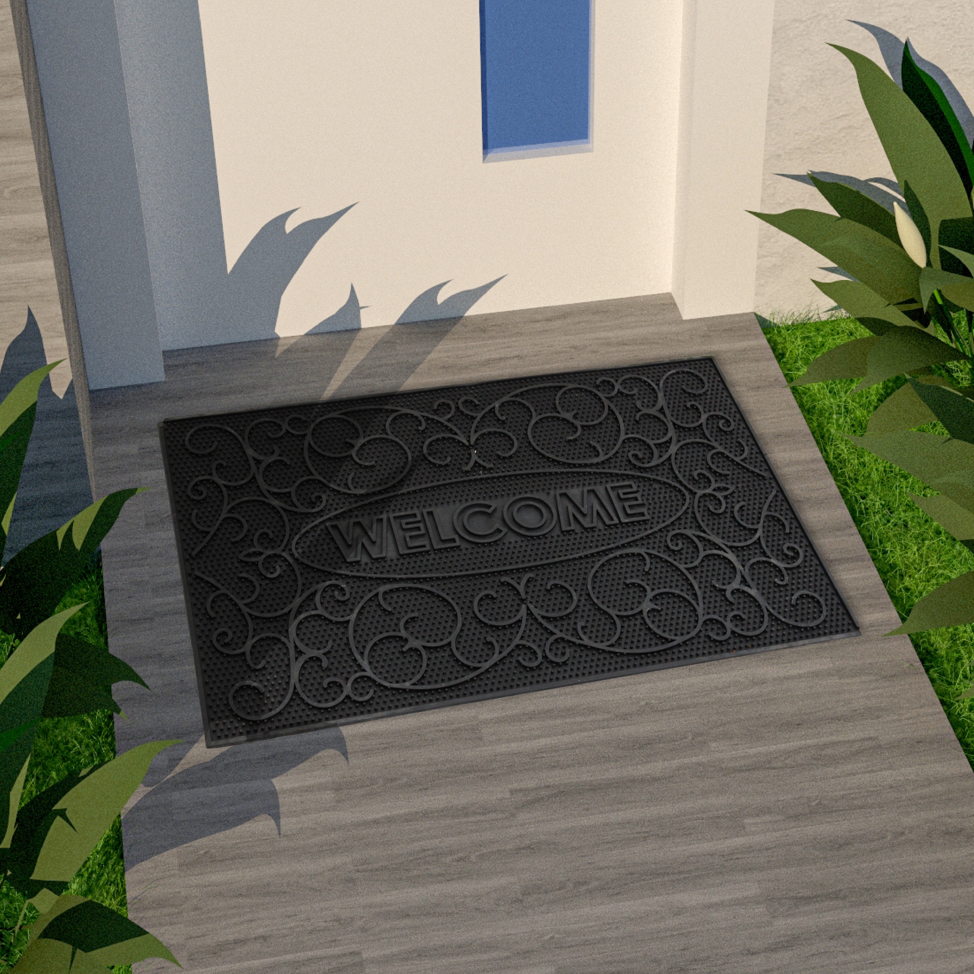 Tapete de entrada preto com padrão decorativo e texto WELCOME