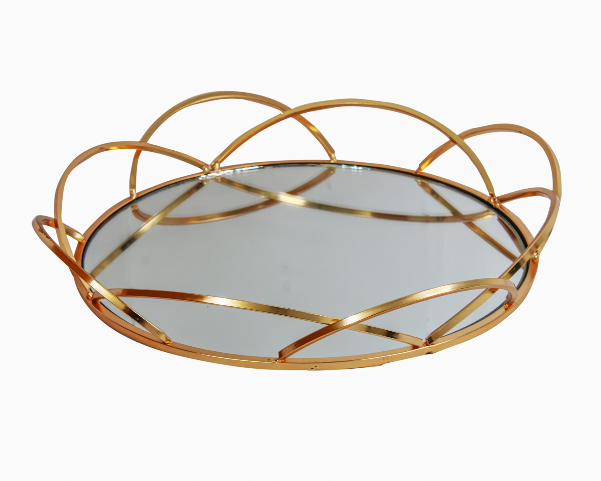 Bandeja redonda espelhada com estrutura metálica dourada entrelaçada